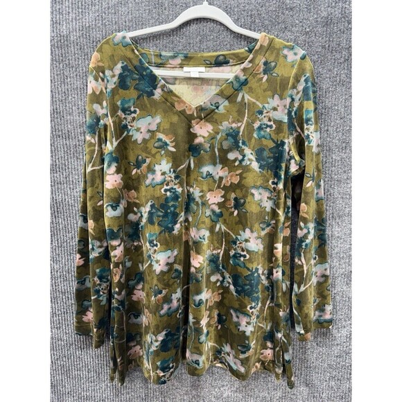 J. Jill Tops - J. Jill Pure Jill Tunic Top Medium Green Floral Velour Velvet V Neck Long Sleeve